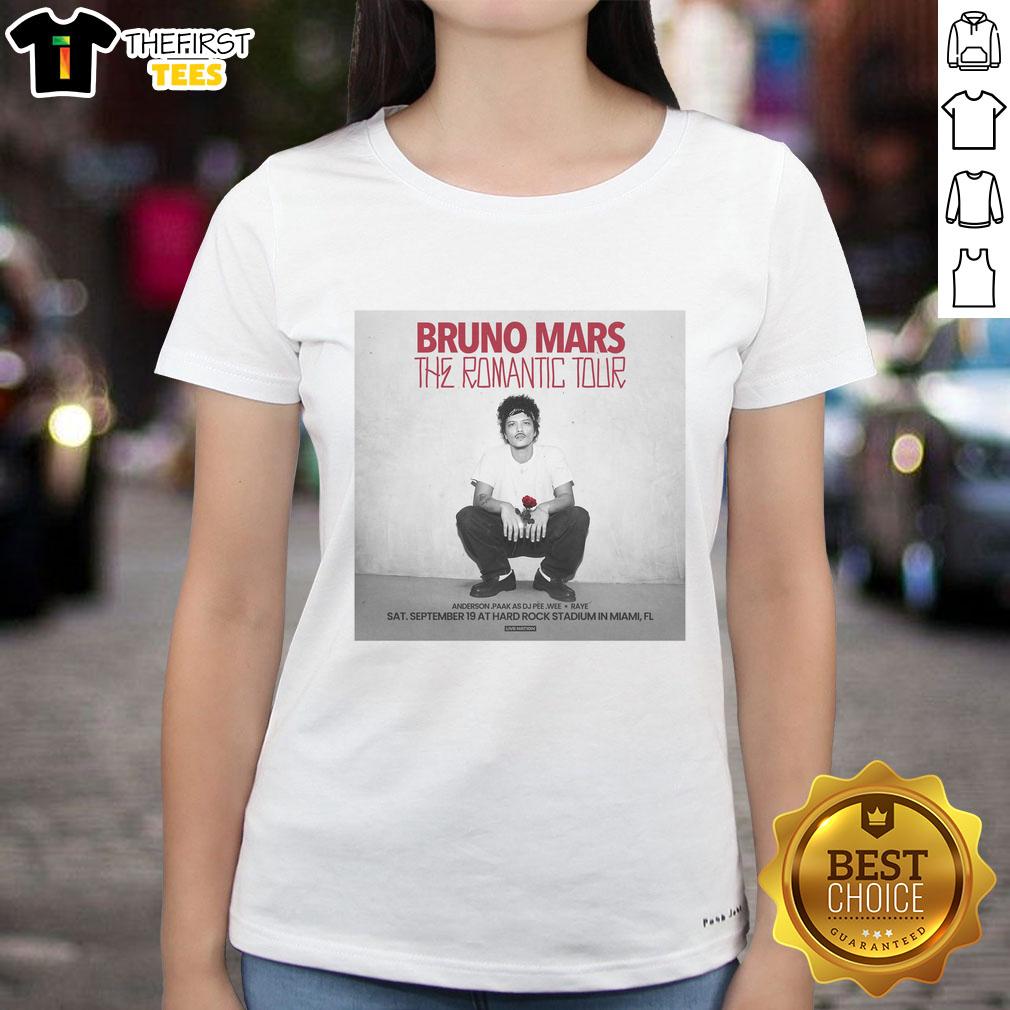 Official Bruno Mars The Romantic Tour 2026 Ladies Tee featuring stylish design and vibrant colors for fans.