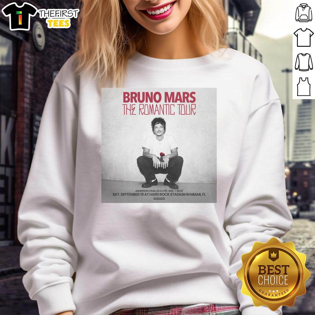 Official Bruno Mars The Romantic Tour 2026 sweatshirt featuring stylish design and vibrant colors for fans.