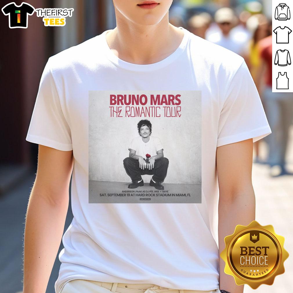 Official Bruno Mars The Romantic Tour 2026 T-Shirt featuring vibrant design and tour details on a stylish black background.