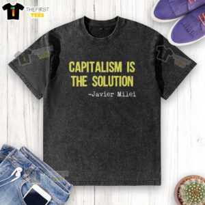 Official Javier Milei 'Capitalism Is The Solution' washed t-shirt showcasing pro-capitalism message and stylish design.