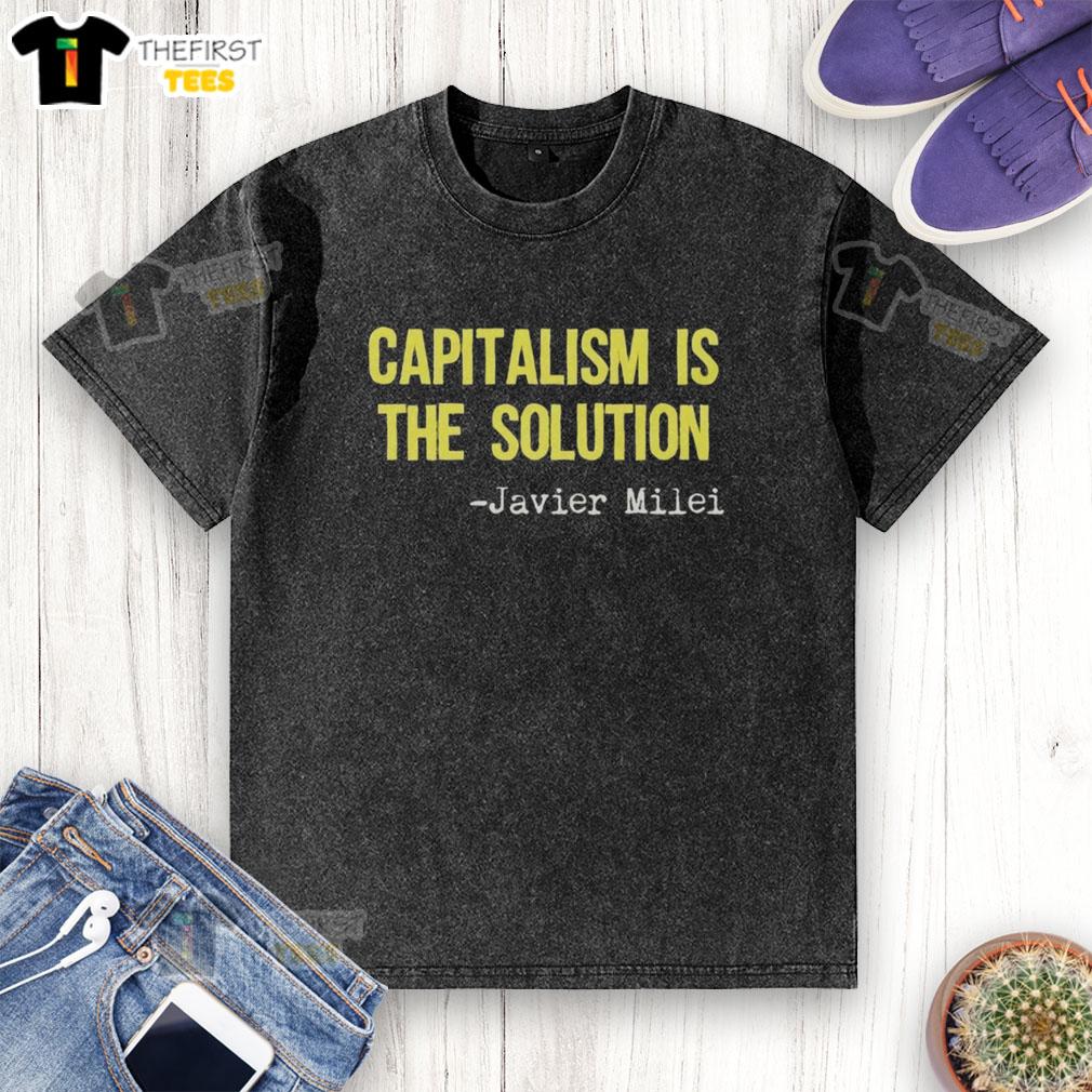 Official Javier Milei 'Capitalism Is The Solution' washed t-shirt showcasing pro-capitalism message and stylish design.