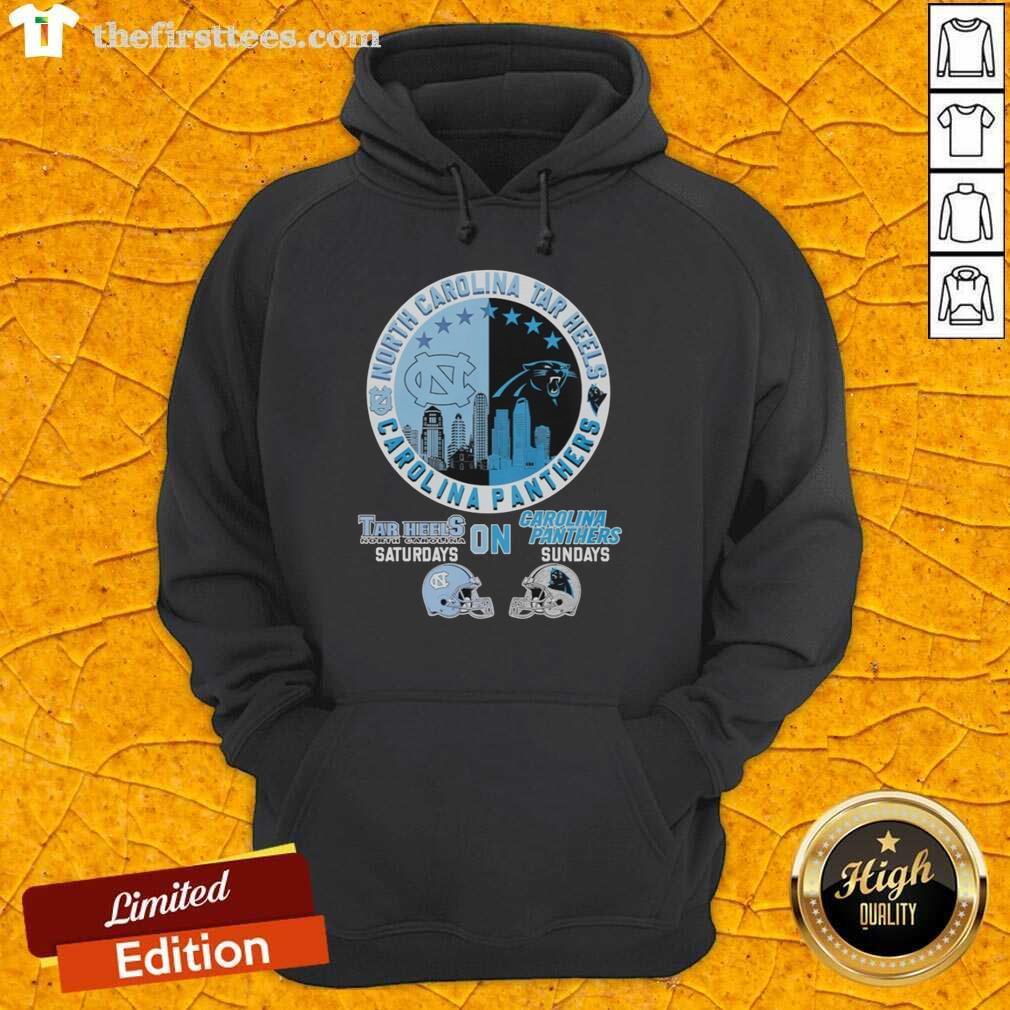 Alt Text: North Carolina Tar Heels and Carolina Panthers logo mashup hoodie, perfect for fans on Saturdays and Sundays.