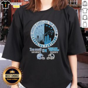 Official North Carolina Tar Heels and Carolina Panthers helmet logo mashup on a ladies tee, perfect for game day.