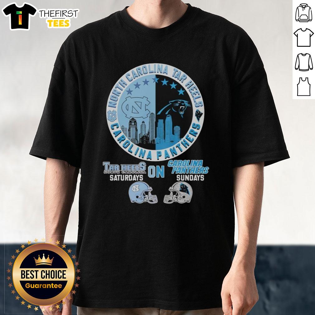 North Carolina Tar Heels and Carolina Panthers helmet logo mashup T-shirt for game day style on Saturdays and Sundays.