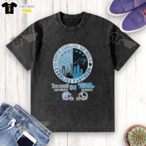 North Carolina Tar Heels and Carolina Panthers helmet logo mashup on a washed t-shirt, perfect for game day enthusiasts.