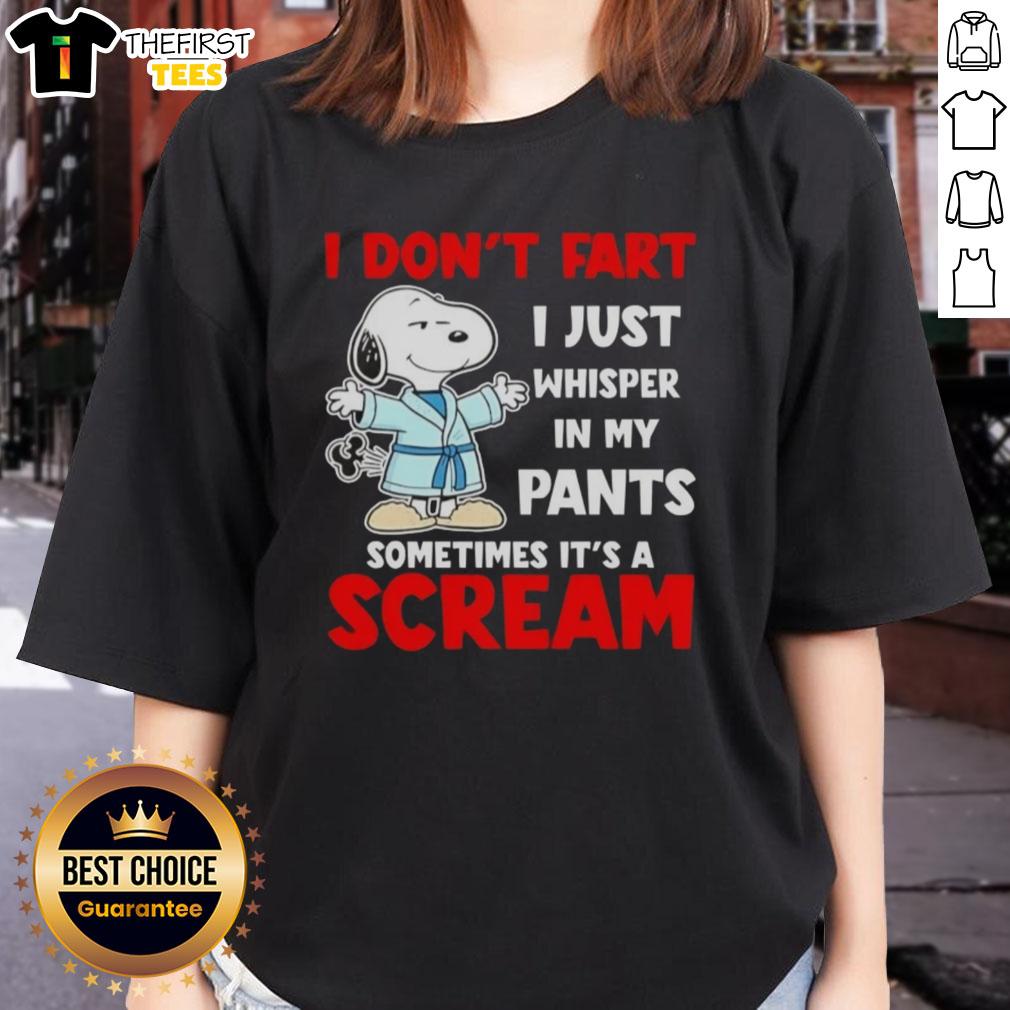 Official Peanuts Snoopy tee with humorous 'I dont fart, I just whisper' quote for ladies' casual wear.