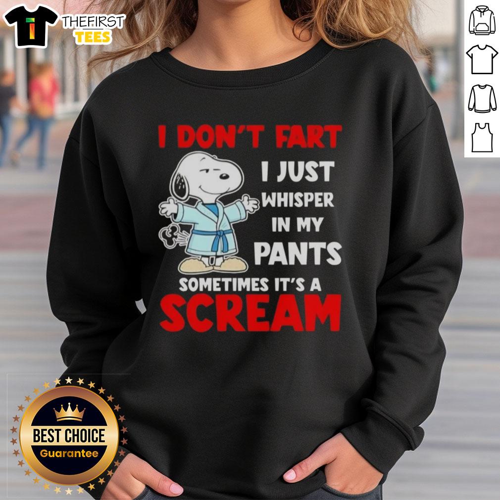 Official Peanuts Snoopy sweatshirt with humorous 'I Don't Fart, I Just Whisper' quote, perfect for fans and cozy wear.