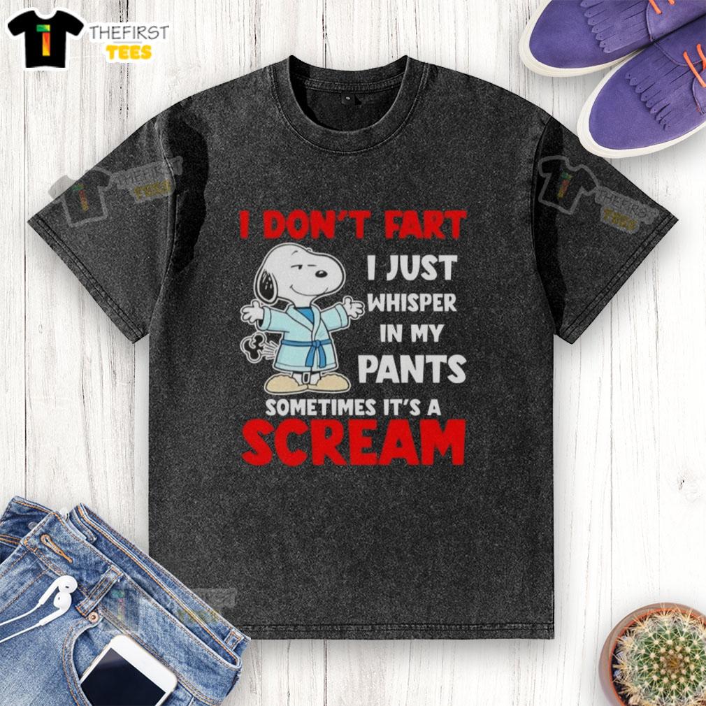 Alt Text: Official Peanuts Snoopy I Don't Fart, I Just Whisper T-Shirt in a casual setting, showcasing fun cartoon graphics.