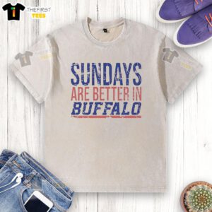 Buffalo Bills washed t-shirt featuring 'Official Sunday Are Better' slogan, perfect for game day attire.