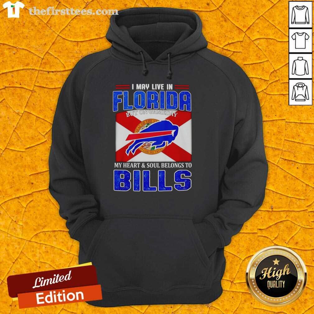 Alt Text: Buffalo Bills hoodie with 'I May Live In Florida But My Heart Belongs To Buffalo Bills' design, perfect for game day.
