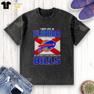 Alt Text: Buffalo Bills washed t-shirt with 'I May Live In Florida But On Gameday My Heart Belongs To Buffalo Bills' design.