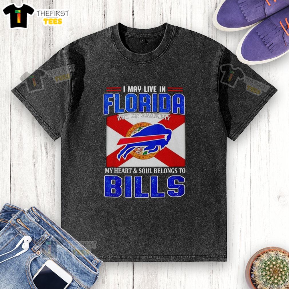 Alt Text: Buffalo Bills washed t-shirt with 'I May Live In Florida But On Gameday My Heart Belongs To Buffalo Bills' design.