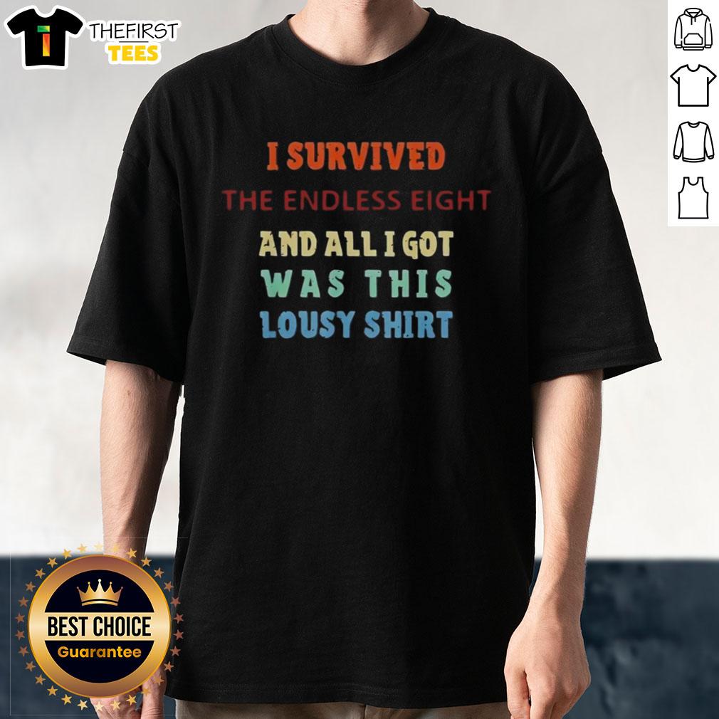 Original 'I Survived The Endless Eight' T-shirt featuring bold text and a unique design for anime fans.