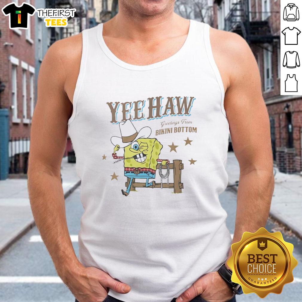 Original Squarepants Cowboy Yeehaw tank top featuring vibrant Bikini Bottom greetings design for fans.