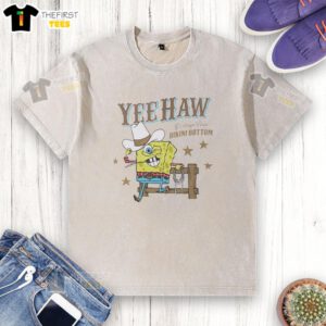 Alt Text: Original Squarepants Cowboy Yeehaw Greetings from Bikini Bottom washed t-shirt featuring vibrant cartoon design.