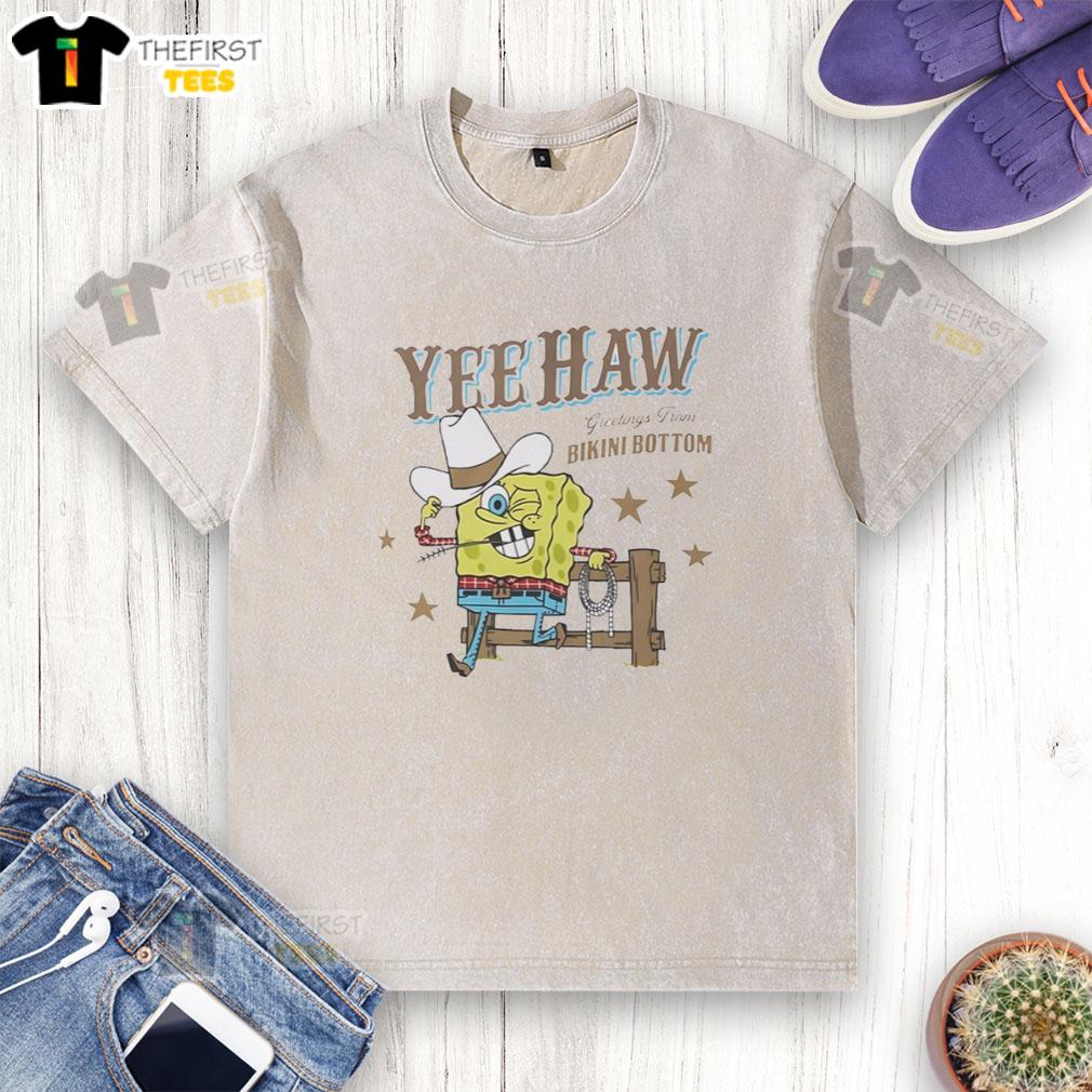 Alt Text: Original Squarepants Cowboy Yeehaw Greetings from Bikini Bottom washed t-shirt featuring vibrant cartoon design.