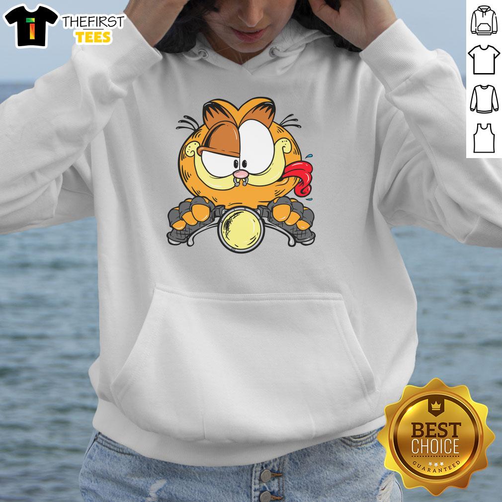 Premium cartoon Garfield cat on a motorcycle hoodie, showcasing a fun design for cat lovers and motorcycle enthusiasts.