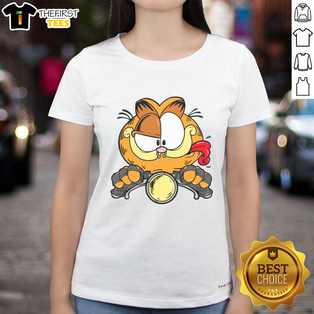 Alt Text: Premium cartoon Garfield cat on a motorcycle graphic tee for ladies, featuring a fun and vibrant design.