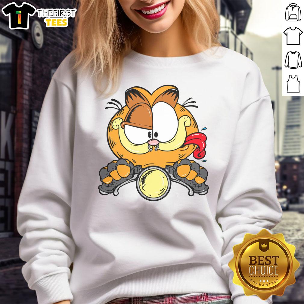 Alt Text: Premium cartoon Garfield cat on a motorcycle sweatshirt, showcasing a fun and vibrant design for cat lovers.