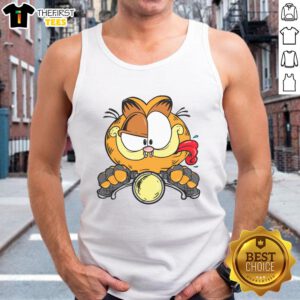 Alt Text: Premium cartoon Garfield cat riding a motorcycle on a stylish tank top, perfect for cat lovers and motorcycle enthusiasts.