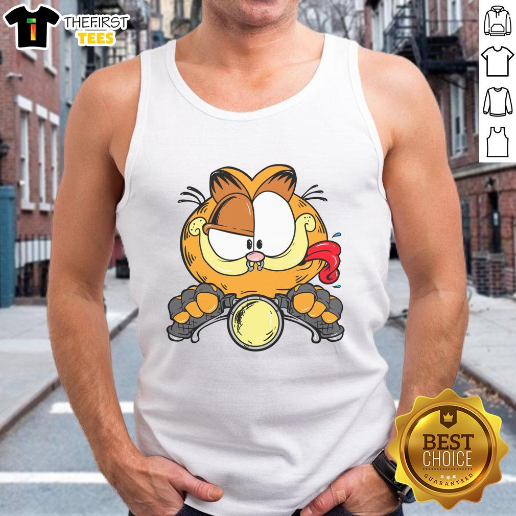 Alt Text: Premium cartoon Garfield cat riding a motorcycle on a stylish tank top, perfect for cat lovers and motorcycle enthusiasts.