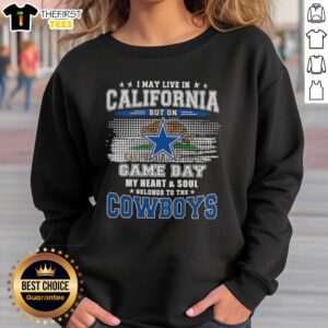 Alt Text: Premium Dallas Cowboys vintage sweatshirt showcasing I may live in California, but on game day... design.