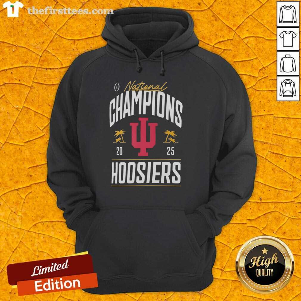 Alt Text: Premium Indiana Hoosiers College Football Playoff National Champions 2025 logo on a stylish palm tree hoodie.