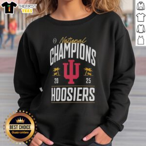 Premium Indiana Hoosiers College Football Playoff National Champions 2025 logo on a stylish palm tree sweatshirt.