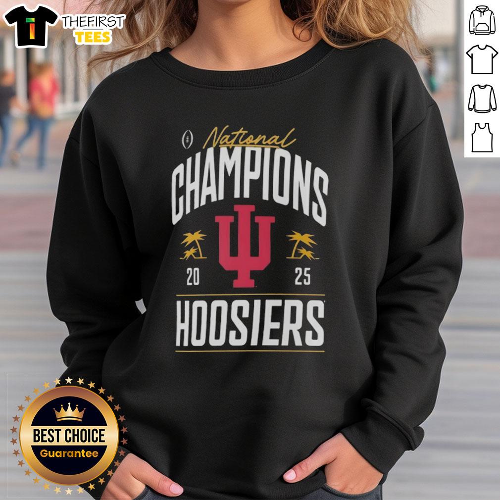 Premium Indiana Hoosiers College Football Playoff National Champions 2025 logo on a stylish palm tree sweatshirt.