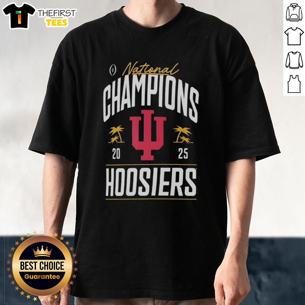 Premium Indiana Hoosiers College Football Playoff National Champions 2025 logo on a stylish palm tree T-shirt.