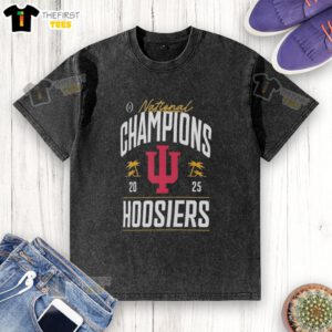 Alt Text: Premium Indiana Hoosiers College Football Playoff National Champions 2025 logo on a washed palm tree t-shirt.