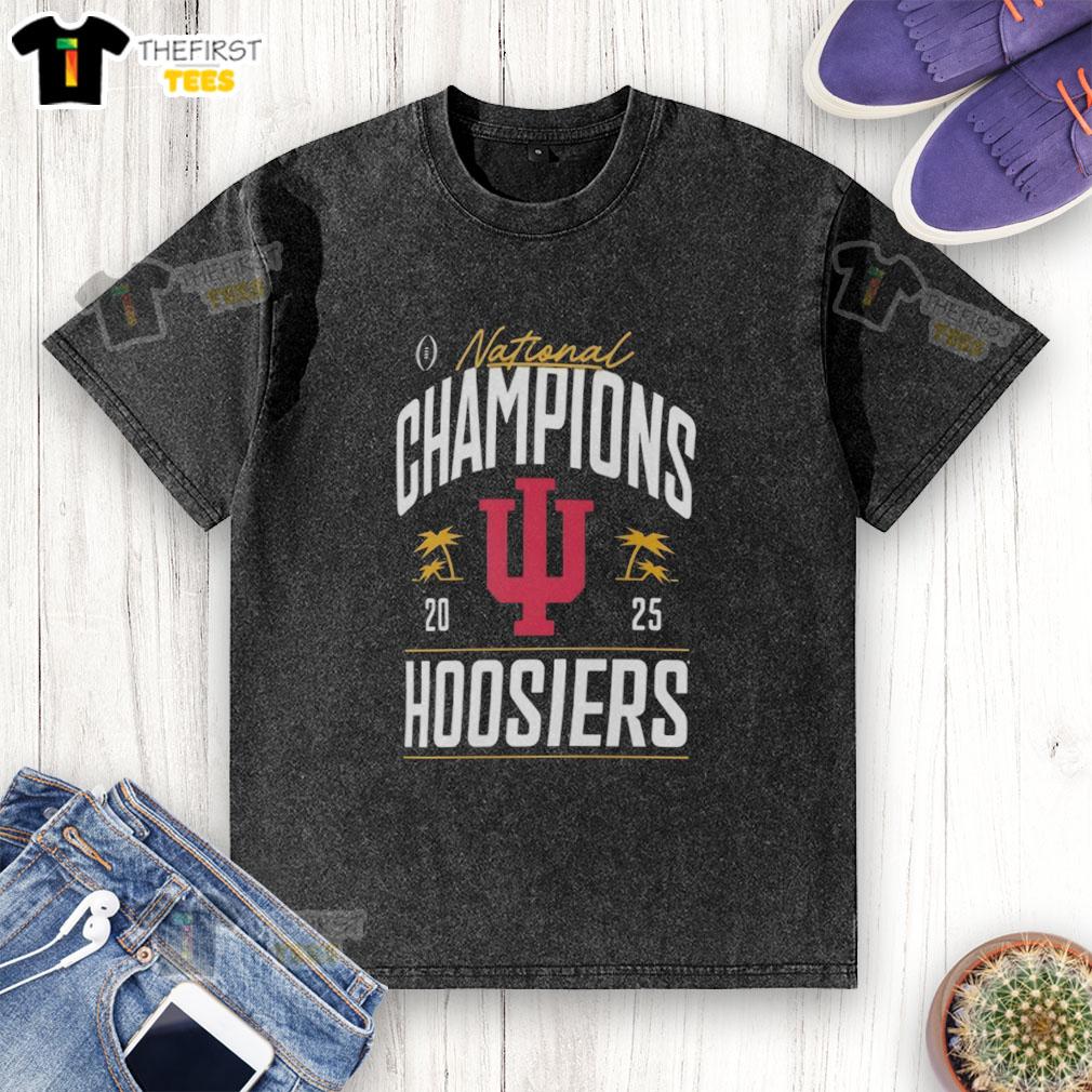 Alt Text: Premium Indiana Hoosiers College Football Playoff National Champions 2025 logo on a washed palm tree t-shirt.