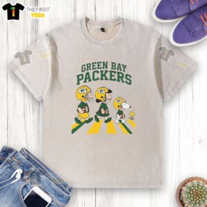 Premium peanuts cartoon washed t-shirt featuring Green Bay Packers 'Go Pack Go' design for fans and casual wear.