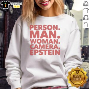 Premium person wearing Epstein sweatshirt, posing with camera, showcasing stylish casual fashion for men and women.