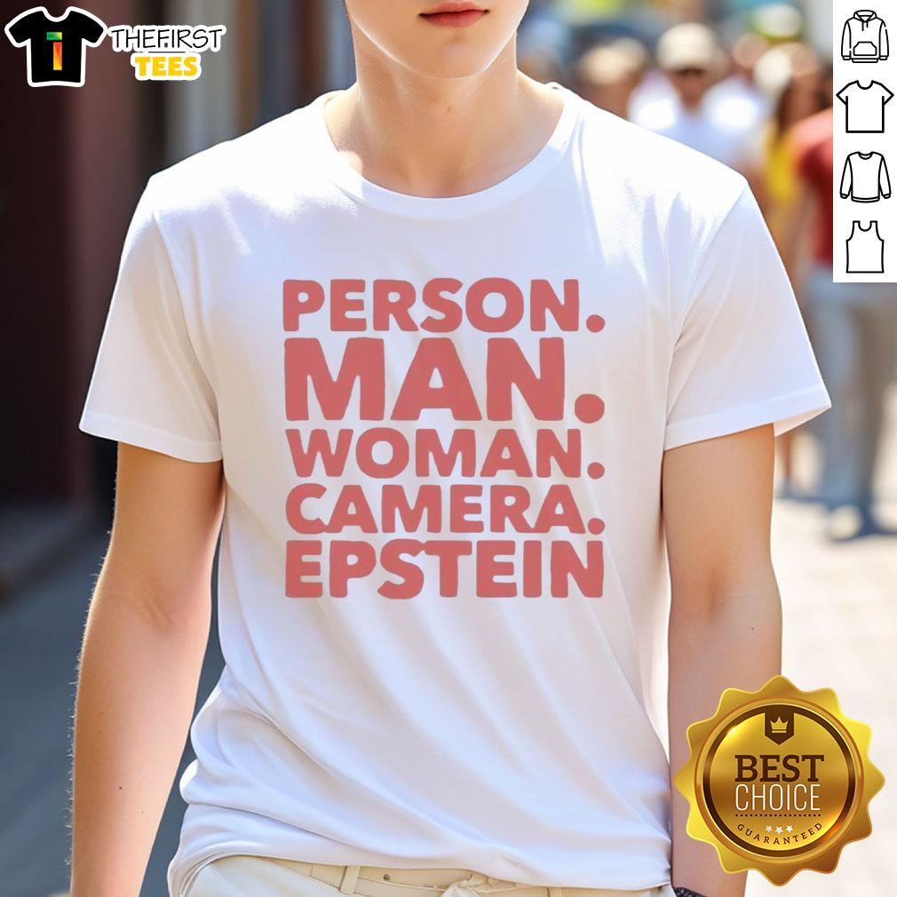 Premium man and woman wearing Epstein T-shirts, posing with a camera, showcasing trendy fashion and photography.
