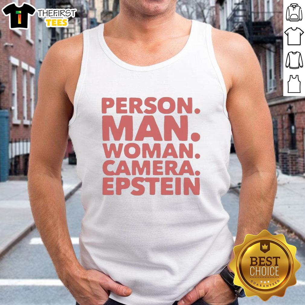 Premium person wearing a tank top, posing with a camera, showcasing a stylish Epstein design for men and women.