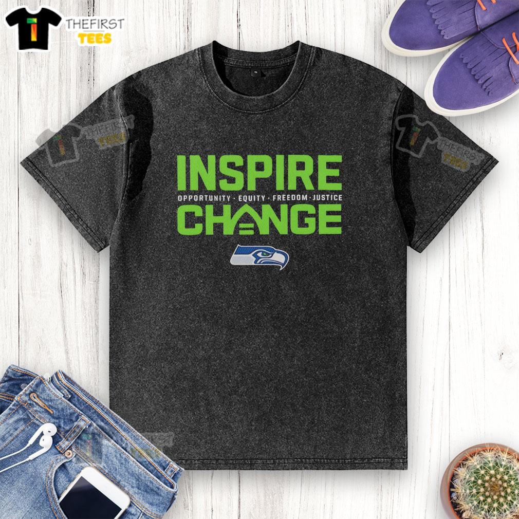 Premium Seattle Seahawks small logo Inspire Change t-shirt promoting opportunity, equity, freedom, and justice.