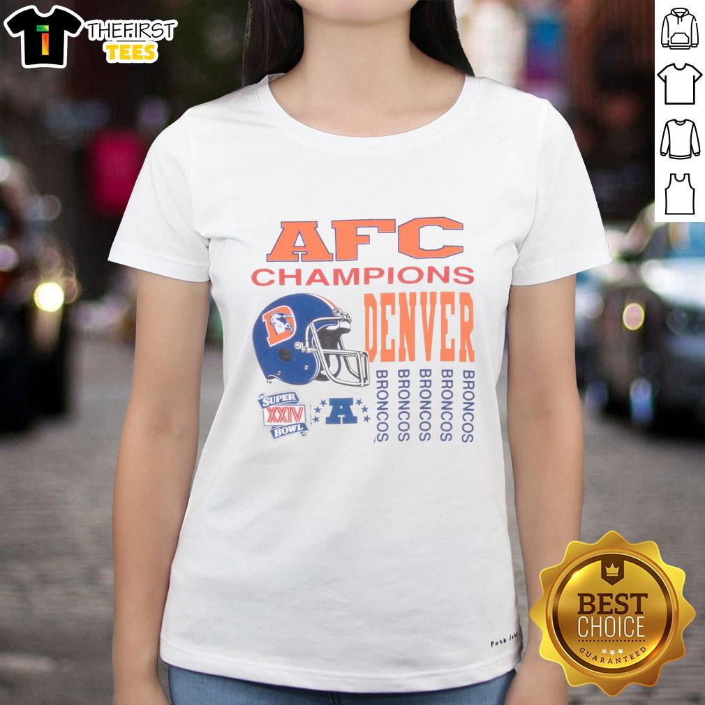 Alt Text: Premium vintage NFL Denver Broncos AFC Champions 1989 ladies tee featuring classic design and team colors.