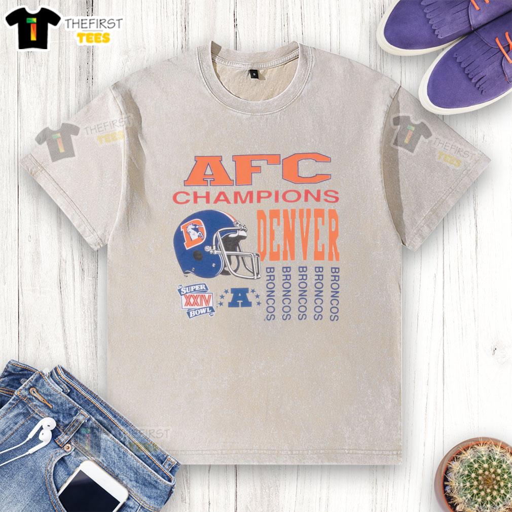 Alt Text: Premium vintage NFL Denver Broncos AFC Champions 1989 washed t-shirt featuring classic team colors and logo.