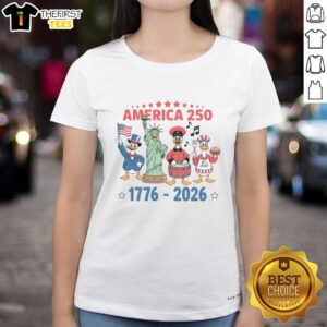Alt Text: Pretty America 250th Anniversary Goose Cartoon Ladies Tee featuring a whimsical goose design in vibrant colors.