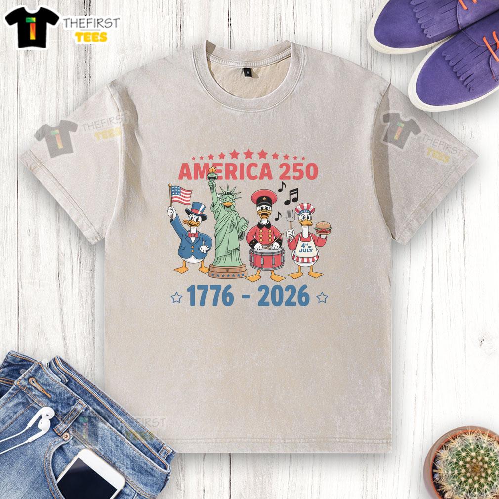 Alt Text: Pretty America 250th Anniversary Goose Cartoon on a Washed T-Shirt, celebrating America's heritage in style.