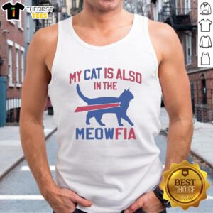 Adorable cat wearing 'My Cat Is Also In The Meowfia' tank top, showing Buffalo Bills pride in a playful setting.