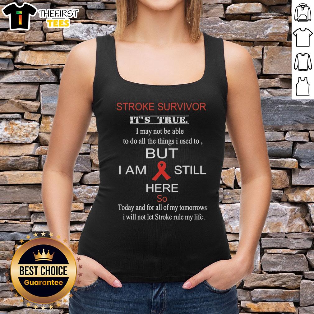 Alt Text: Pretty stroke survivor wearing a tank top with empowering message about resilience and overcoming challenges.