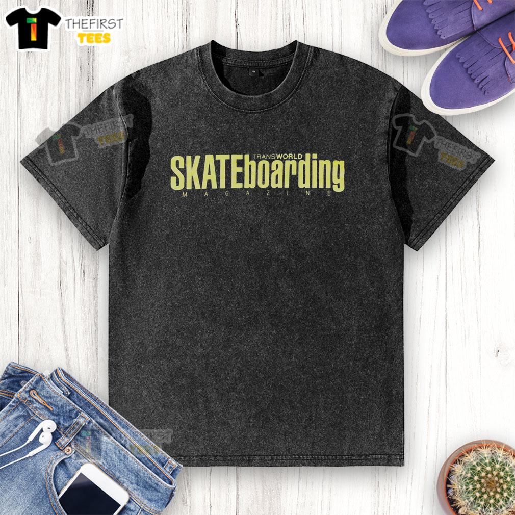 Alt Text: Pretty Transworld Skateboarding Magazine washed t-shirt featuring a stylish graphic design for skateboard enthusiasts.