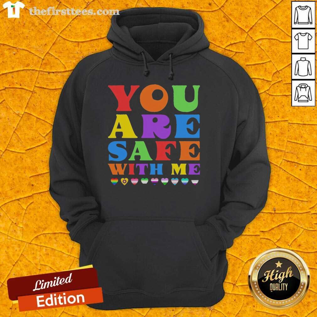 Cozy 'Pretty You Are Safe With Me' hoodie displayed on a hanger, showcasing its stylish design and soft fabric.