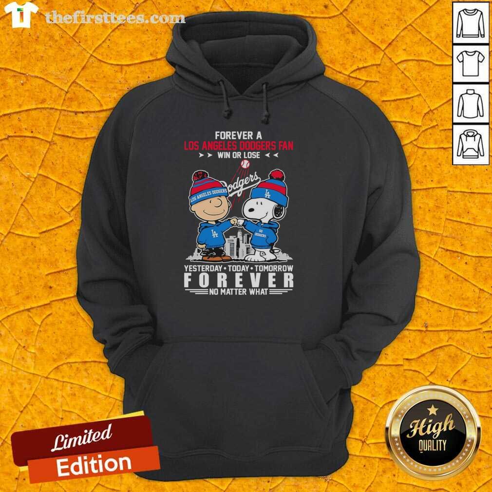 Charlie Brown and Snoopy fist bump in a Dodgers hoodie, showcasing loyalty as a fan, win or lose.