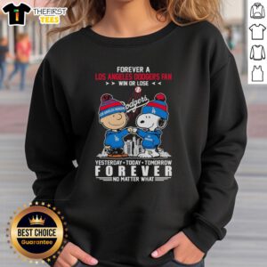 Charlie Brown and Snoopy fist bump in Dodgers sweatshirt, showcasing loyalty as a fan win or lose. Perfect for Dodgers supporters!
