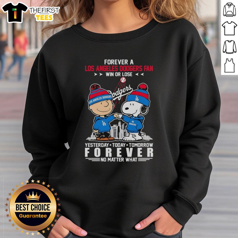 Charlie Brown and Snoopy fist bump in Dodgers sweatshirt, showcasing loyalty as a fan win or lose. Perfect for Dodgers supporters!