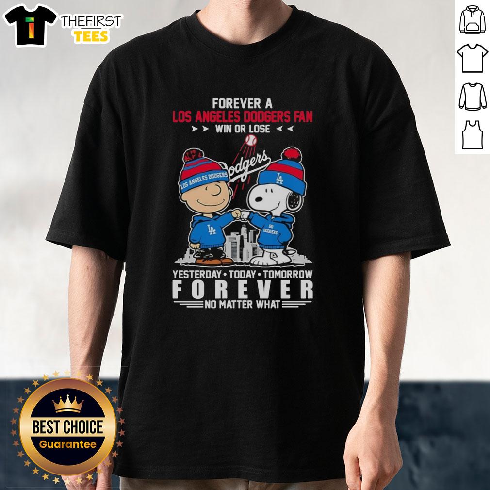 Top Charlie Brown fist bump with Snoopy on a Dodgers fan T-shirt, celebrating loyalty win or lose.