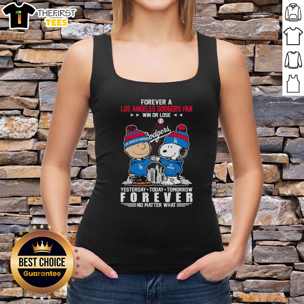 Charlie Brown and Snoopy fist bump in Dodgers tank top, celebrating unwavering fan loyalty, win or lose.